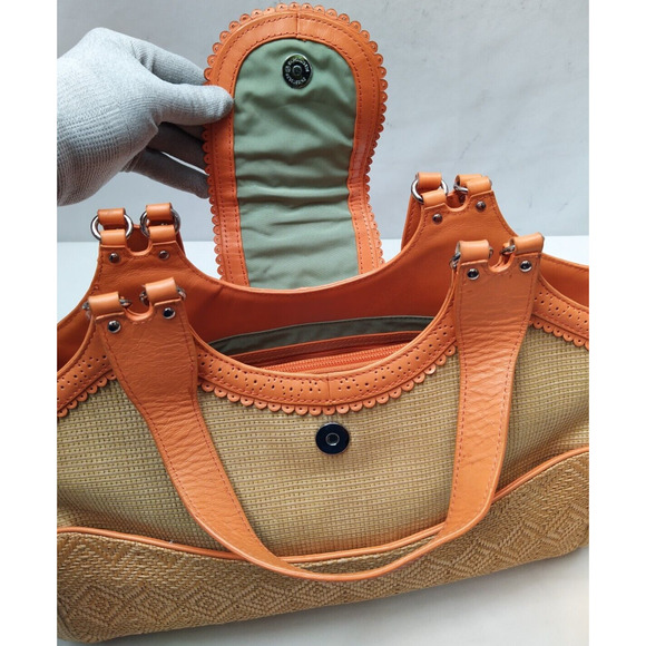 Cole Haan Tan Straw Orange Leather Trim Pocket Double Handle Satchel Bag - Picture 10 of 16